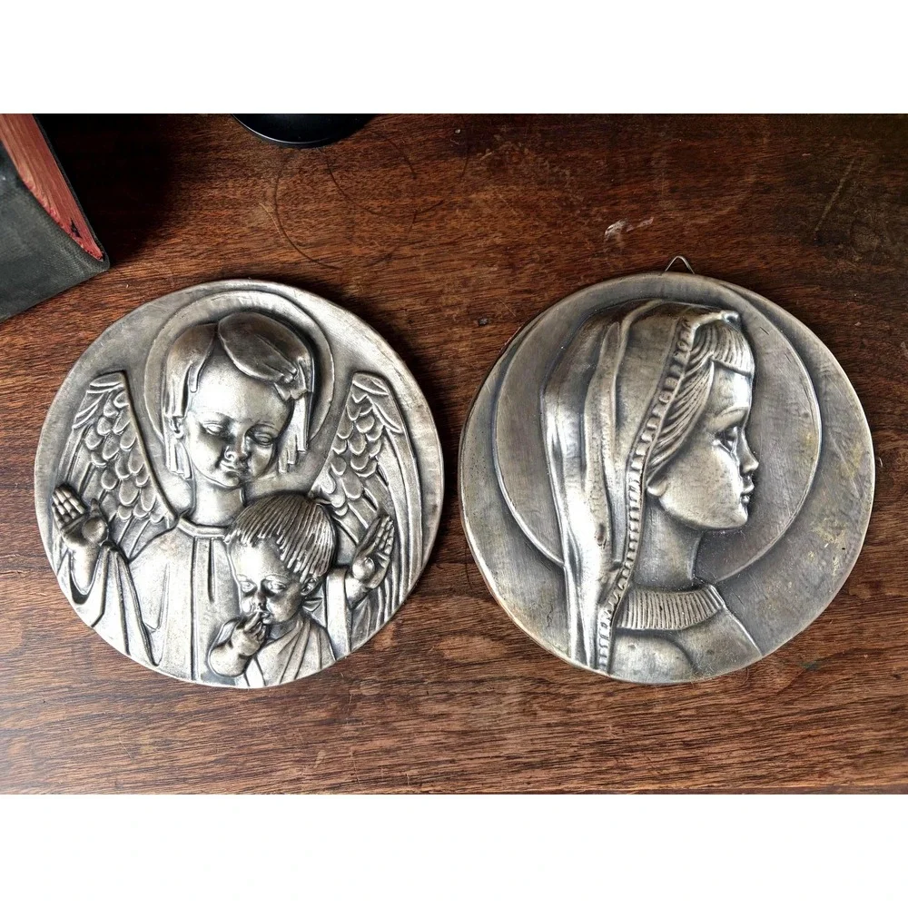 Vintage Pewter Relief Wall Plaques,‎ Set of 2, Made in Spain